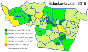 Tampereen äänestysalueet, vihreiden muutos